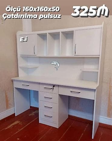 şir tortu: Ağ rəngli iş masası və üst rəfli modul. Ölçülər: 160 x 160 x 50 sm — 1
