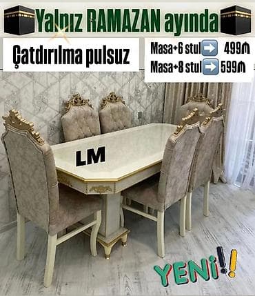 stol ikinci əl: Qonaq otağı üçün, Yeni, Açılmayan, Dördbucaq masa, 6 stul — 1