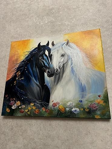 Şəkillər, tablolar: Əl işi yağlı boya tablo – “İki At” Kətan,taxta,şüşə qablara istənilən — 1