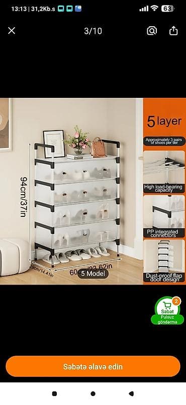 ev qapsi: 5 mərtəbəli ayaqqabı dolabı/rəf - Ölçülər: hündürlük 94 sm (37 in) — 1