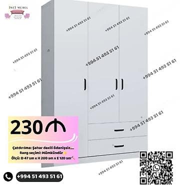 Yeni, 3 qapılı, Siyirməli, Ağ, Digər material, Açılan, Düz dolab