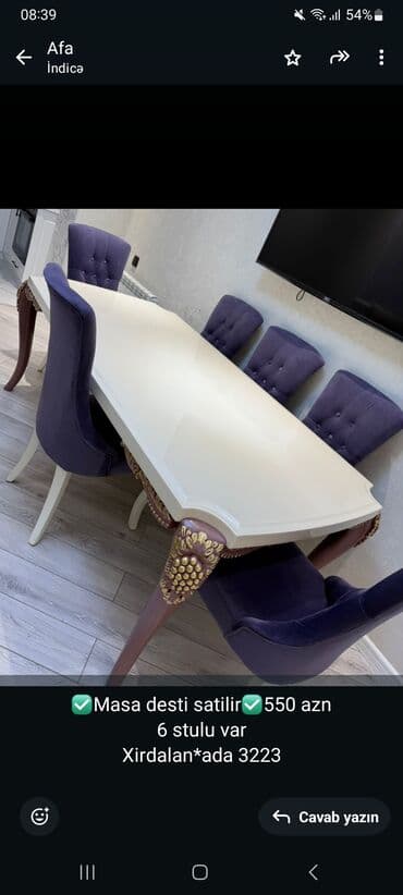 taburetka satilir: Qonaq otağı üçün, Açılmayan, Dördbucaq masa, 6 stul — 1