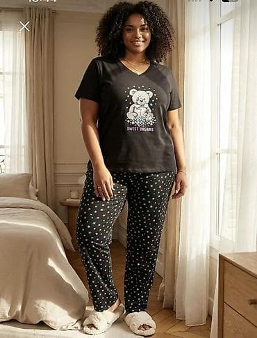 lasin şalvarlar: Qadın pijama dəsti - 2 hissədən ibarət: qısaqol V-yaxa köynək və uzun — 1