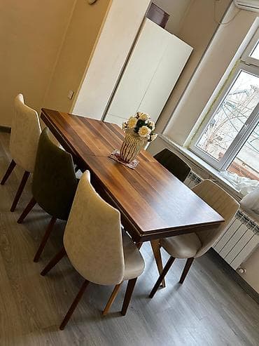 lazer stolu: Qonaq otağı üçün, İşlənmiş, Açılan, Dördbucaq masa, 6 stul — 2