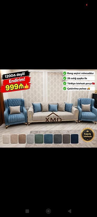 divan desti: XMD brendli yumşaq mebel dəsti - Tərkib: 3 nəfərlik divan + 2 ədəd — 1