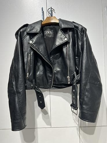 qara jaket: ZARA Vintage qara dəri görünümlü biker üslubunda qısa gödəkcə. 189 — 3