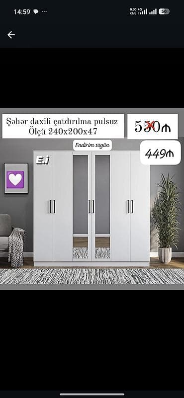 Мебель: Ağ rəngli 6 qapılı geyim şkafı - Ölçü: 240 x 200 x 47 sm - Ön — 1