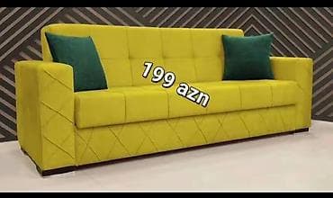 ev stullari: Parlaq sarı rəngli, müasir dizaynlı 3 nəfərlik divan. Kvadrat kapitone — 1