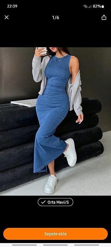 Məhsul: Qoltuqsuz, bədənə oturan maxi uzunluqda denim görünümlü don — 3