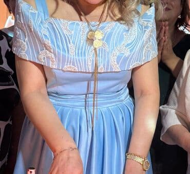 nişan paltarı: Göy rəngli ziyafət/libas - Model: Uzun, A-kəsimli, büzgülü ətəkli — 1