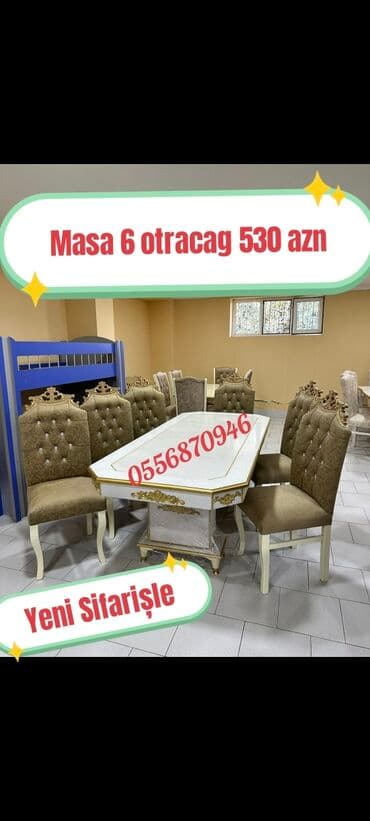 metbex mebileri: Qonaq otağı üçün, Yeni, Açılmayan, Dördbucaq masa, 6 stul — 14