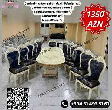 tek dolablar: Qonaq otağı üçün, Yeni, Açılmayan, Dördbucaq masa, 12 stul — 1