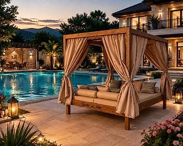 Hovuz kənarı pavilyonlu lounge çarpayısı - Material: təbii masif ağac
