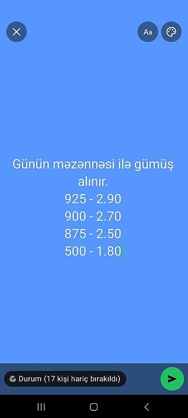 Gümüş qəbulu xidməti. Günün məzənnəsi ilə gümüş alınır: - 925 prob –