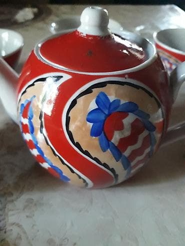 cay: Çay dəsti, rəng - Qırmızı, Keramika, 6 nəfərlik, SSRİ — 4