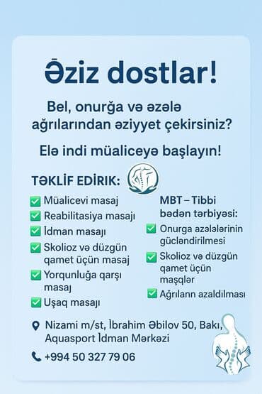 masaj xidməti 2021: Müalicəvi masaj, Uşaqlar üçün, Kişilər üçün, Qadınlar üçün, Evə gəlməklə, Klinikada — 1