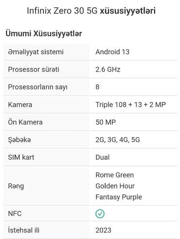 Infinix Zero 30, 256 GB, rəng - Sarı, Sensor, Face ID, Sənədlərlə