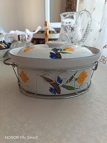 Porselen qapaqlı oval yemək qabı – metal stendli - Material: ağ — 2