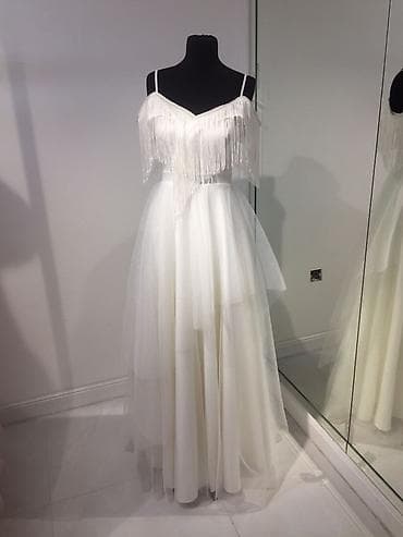 Свадебные платья и аксессуары: Ağ gəlinlik dəsti - Gəlinlik: incə spaghetti askılı, V-kəsimli, sinə — 3