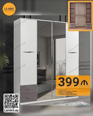 4 qapılı, Güzgülü, Ağ, Digər material, Kupe, Düz dolab