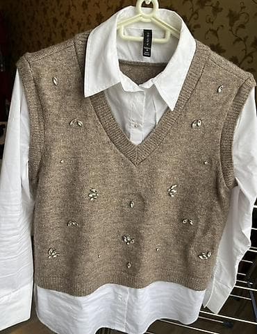 qadın geyimi: AMISU brendi qadın köynək + jilet dəsti - Stil: Ağ klassik yaxalıqlı — 3