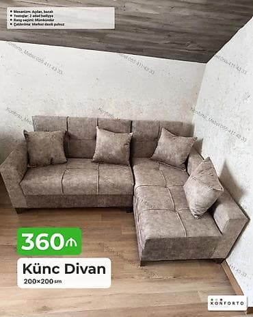 kreditle kunc divanlar: Künc Divan – 200×200 sm - Mexanizm: Açılan, bazalı (yataq funksiyası — 1