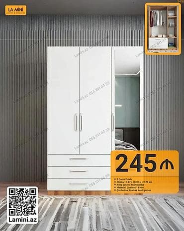 3 qapılı, Siyirməli, Ağ, Digər material, Açılan, Düz dolab