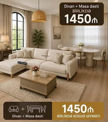 Divan + Masa dəsti – birlikdə Məhsul tərkibi: - Künc divan: krem