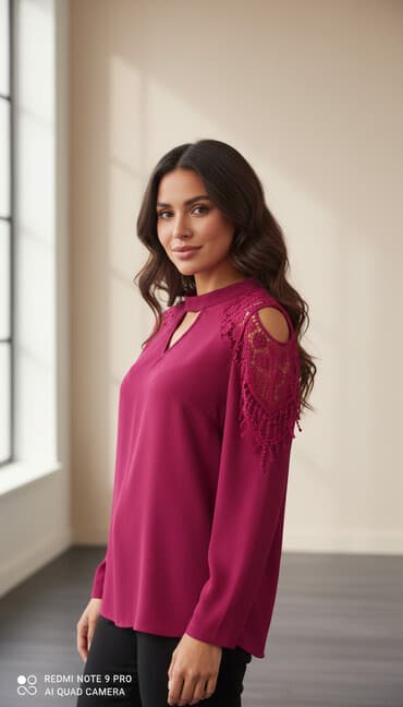 Qadın bluzu – tünd çəhrayı/şərab rəngi - Model: uzunqollu, sərbəst