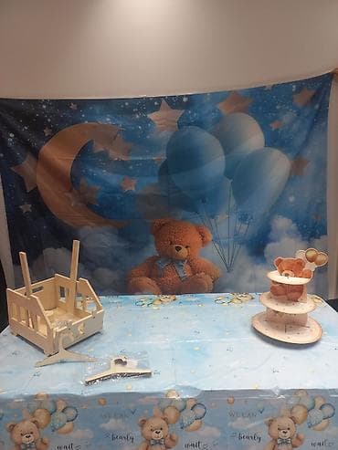 Ручная работа на заказ: Mavi temalı “ay-ulduz və ayıcıq” dekor dəsti – körpə şənlikləri, baby — 1