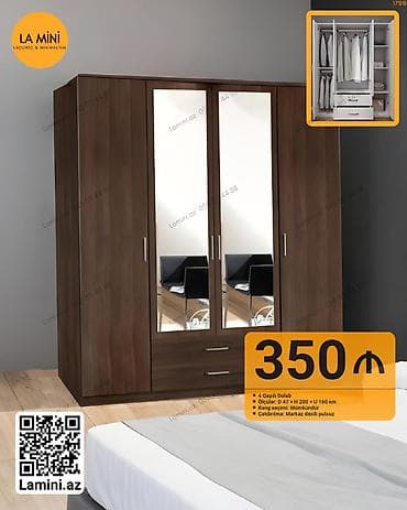 4 qapılı, Güzgülü, Digər rəng, Açılan, Düz dolab