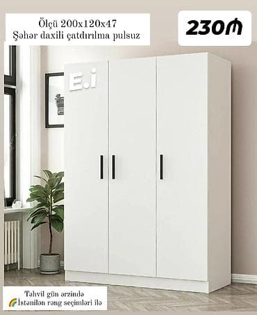 Ağ rəngdə 3 qapılı dolab - Ölçü: 200 x 120 x 47 sm - Minimalist