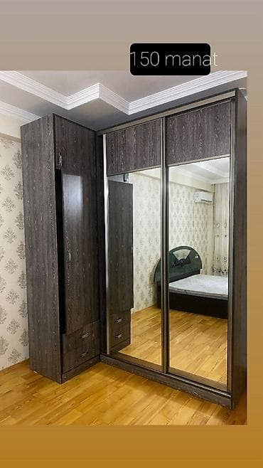 - Künc yerləşimli qarderob dəsti - Material: tünd ağac teksturalı