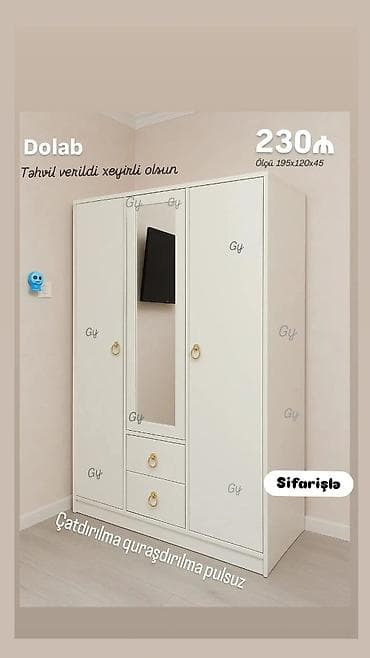 3 qapılı, Güzgülü, Ağ, Açılan, Düz dolab