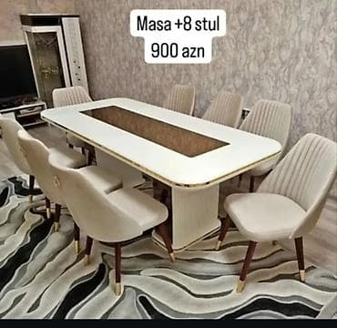 1.Masa + 8 stul – 900 AZN Zərif dizaynlı yemək otağı dəsti: -