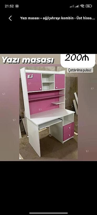 sirmə: Yazı masası – ağ/çəhrayı kombin - Üst hissədə qapalı dolablar və açıq — 1