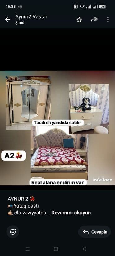 yataq trafosu: AYNUR 2 💃 🛌Yataq dəsti 🤙🏼Əla vəziyyətdə 2️⃣ədəd tunba 🚨Bu gün evdən — 1