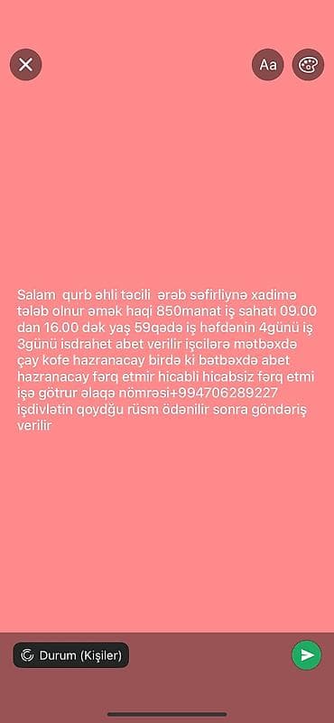 Vakansiya: Ərəb səfirliyinə xadimə vatsapda yazkn - Əməkhaqqı: 850