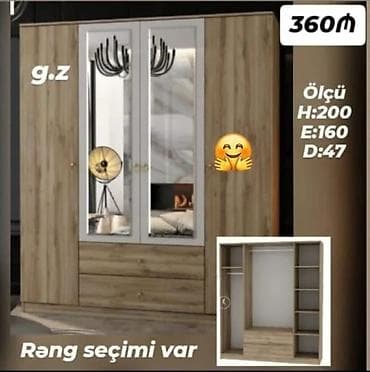 Yeni, 4 qapılı, Güzgülü, Rəngli, Digər material, Açılan, Düz dolab