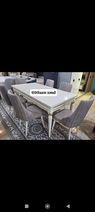 2ci el termolar: Ağ rəngli yemək masası və 6 stul dəsti. Xüsusiyyətlər: - Düz, geniş — 1