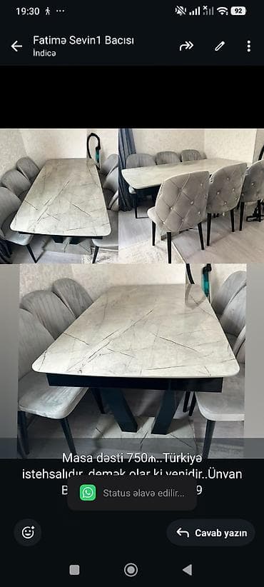 stol ustul: Masa dəsti 750₼. Türkiyə istehsalıdır. demək olar ki yenidir. Ünvan — 1