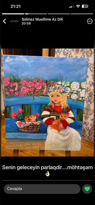 Антиквариат: Əl işi rəsm əsəri – “Skamyada qız və pişiklər” - Texnika: kətan — 2