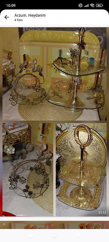 su termusu: Şüşə və metal dekorlu servis dəsti - İki mərtəbəli şirniyyat/fruit — 1