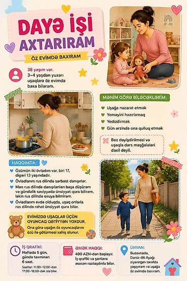 baxçada dayə iş elani: Daya xidməti – uşaqlara öz evimdə baxıram Xidmət haqqında: - 3–4 — 1