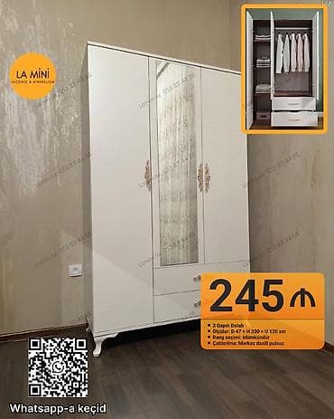 dolablar paltar: 3 qapılı, Güzgülü, Ağ, Açılan, Düz dolab — 1