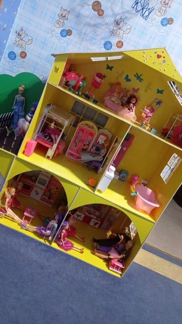 Uşaq geyimi və ayaqqabıları: Böyük ölçülü kukla evi – 3 mərtəbə, 6 otaq - Parlaq sarı interyer — 1