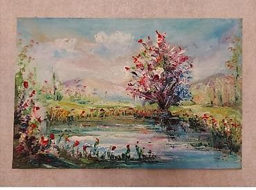 eşək şəkili: Yağlı boya tablo – “Göl kənarında bahar” - Texnika: yağlı boya — 1