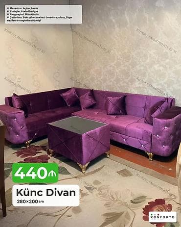 acilan divan: Künc divan – 280×200 sm - Mexanizm: açılan, bazalı (yataq funksiyası — 1