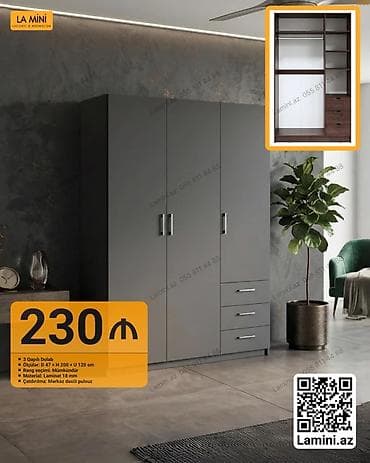 3 qapılı, Siyirməli, Boz, Digər material, Açılan, Düz dolab