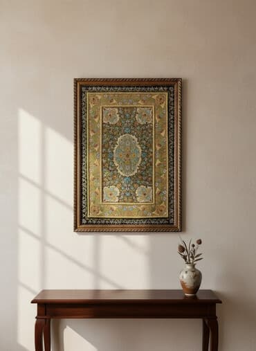 ipek xalca: Təbii qaşlarla bəzədilmiş xalça tablo.İslemeler ipək saplarla — 1